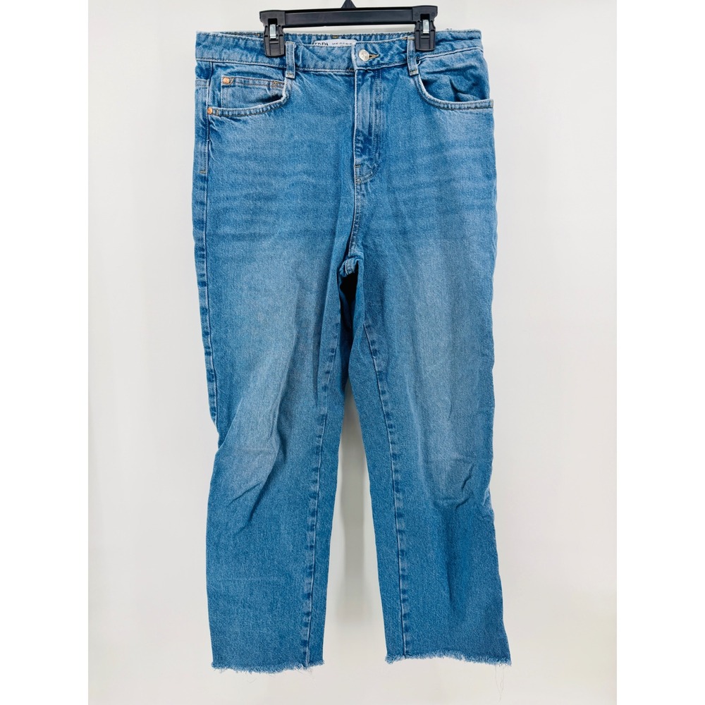 ZARA Womens High Waisted Straight Leg Frayed Hem Blue Jeans Size 8 - Picture 2 of 4